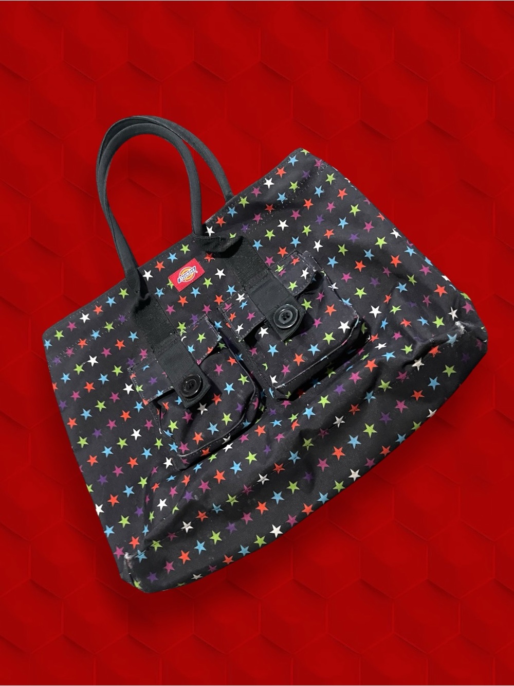VTG Dickies Black Canvas Tote Bag Multi Color Star Print Utility Pockets Y2K